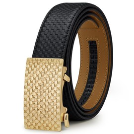 VANNANBA Men's Leather Designer Belt - Mens Ratchet Belts with Fashion Alloy Buckle - Trim to Fit,Gift for Men, Gold, 28"-34" Waist Adjustable