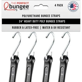 The Perfect Bungee® 24" Heavy-Duty Polyurethane Bungee Strap, 4-Pack, Black – Durable, Flexible, Weatherproof, Long-Lasting, Made in USA – Ideal for Outdoor, Marine, Camping, and Cargo Use