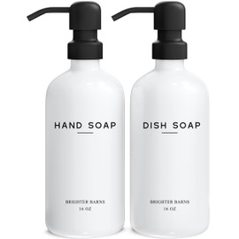 White Glass Hand and Dish Soap Dispenser Set by Brighter Barns - Kitchen Soap Dispenser & Stainless Steel Pump - Soap Dispenser for Kitchen Sink - Farmhouse Kitchen Decor, Bathroom Accessories (White)