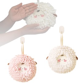 2Pcs Fuzzy Ball Hand Towel, Cute Chenille Hand Towel, Soft Absorbent Hanging Towel Ball, Decorative Fasting Drying Hand Towel Set for Kitchen Bathroom Kids Adults (Sheep)