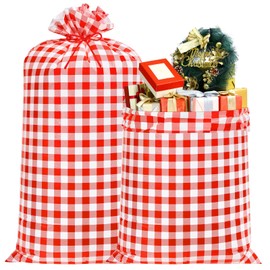 Leinuosen 2 Pcs 70 Inches Extra Large Christmas Gift Bag Oversized Plastic Gift Bags Jumbo Gift Bag with Ropes for Xmas Party Favors Kitchen Supplies Gift Wrapper Heavy Duty Bag (Red and White Plaid)
