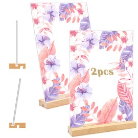 Coriver A4 Table Stand, Pack of 2 Acrylic Stands A4, L/T Shape Price Tags, Stand Advertising Stand Display with Wooden Base, Table Stand for Wedding, Restaurant, Office, Cafe, 21 x 29.7 cm