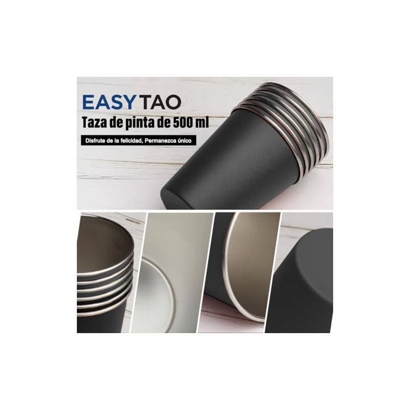Vasos de Acero Inoxidable 500ml 6PCS, Taza Termica FríoCaliente Negro