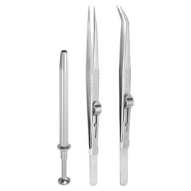 sourcing map 3pcs Diamond Tweezer Holder Pick Up Tool Set Stainless Steel 4 Claw Holder Straight/Elbow Head Jewelry Locking Tweezer for Tiny Objects Electronic Components, Silver