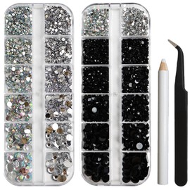 4320 Pieces Rhinestones, Black and Crystal White Nail Design, Crystal Rhinestones, 5 Sizes, Transparent Round Rhinestones with Tweezers, Rhinestone Picking Pen for Nail Clothing, DIY