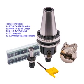 BT30-FMB27-60 Shank Face End Mill Arbor, 3.15"/80mm Cutting Diameter 90 Degree 6 Flute Indexable CNC Face End Mill Shell Cutter 400R 80-27-6T with 10Pcs APMT1604 Carbide Inserts and BT30 Pull Stud