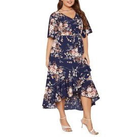 Keluummi Plus Size Summer Wedding Guest Maxi Dress for Curvy Women, V Neck 3/4 Sleeve Empire Waist A Line Floral Long Dress (24 Plus, 03 - Navy Blue Floral)