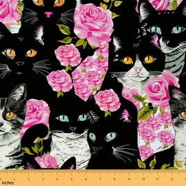 Feelyou Black Cat Fabric by The Yard, Rose Floral Kitten Upholstery Fabric, Cats with Flowers Outdoor Fabric, Romantic Cat Lover Reupholstery Fabric for Chairs, 2 Yards, Pink Black