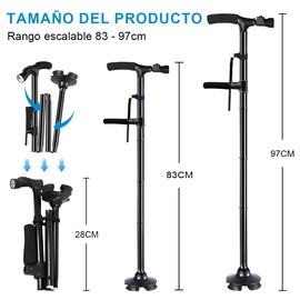 CASAMIEL Bastón Plegable, Bastón para Adulto Mayor de 2 Mangos con Luz LED y 5 Alturas Ajustables, Caminadora con Base Cuádruple Pivotante, Caminadora para Adultos y Mayores, Hombres y Mujeres
