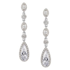 SWEETV Long Pear-Shaped Wedding Birdal Earrings for Brides, Bridesmaids, Crystal Chandelier Dangle Drop Earrings for Women Prom, Silver