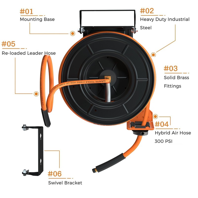 Giraffe Tools TA15BPLUS Retractable Air Hose Reel with Swivel Bracket