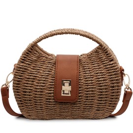 Small Top Handle Beach Handbag for Women Rattan Woven Purse Crossbody Shoulder Boho Bag Satchel for Summer Vacation, Khaki