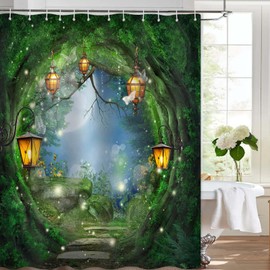 Yieldeer Enchanted Forest Shower Curtain, Fairy Tale Shower Curtain, Fantasy Forest Dreamy Green Tree Hole Shower Curtain Set Waterproof Bath Curtain Bathroom Decor with 12 Hooks, 72x72 inches
