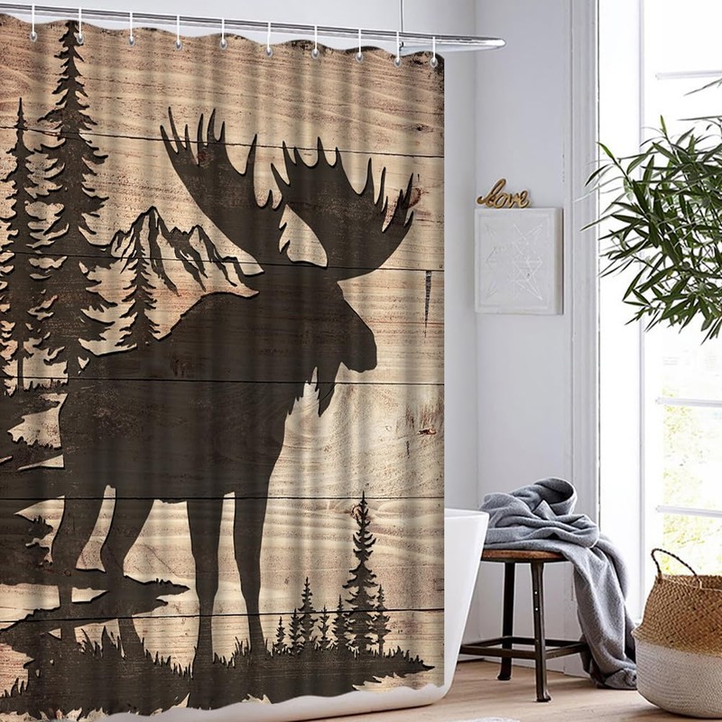 Artmyharbor Moose in Forest Silhouette Cabin Shower Curtain Woodland Print