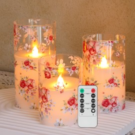 AFINETH Rose Flameless Candles Set of 3 – Glass Battery Operated Candles with Remote, Flickering Floral Flameless Candle for Wedding, Home, Party Gift