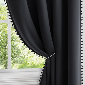 HOMEIDEAS Black Pom Pom Blackout Curtains 52 x 84 Inches Long Grommet Room Darkening Window Drapes 2 Panels for Bedroom, Living Room, Nursery