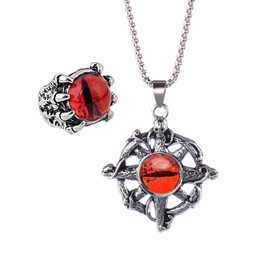 REABHPY Vintage Evil Eye Skull Pendant for Men with Ring, Gothic Steel Cross Necklace Ring Set for Boys 27 Inch Chain with a Gift Box (Red Eye)