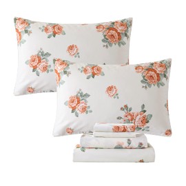 FADFAY Vintage Rose Floral Sheets Set Cal King Antique Shabby Floral Bedding Elegant Off White Farmhouse Bedding Cotton Bedding with Deep Pocket Fitted Sheet 4Pcs, California King Size