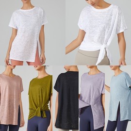 Front Slit Loose Fit Quick Dry Top Yoga Top Black S-M 2ea