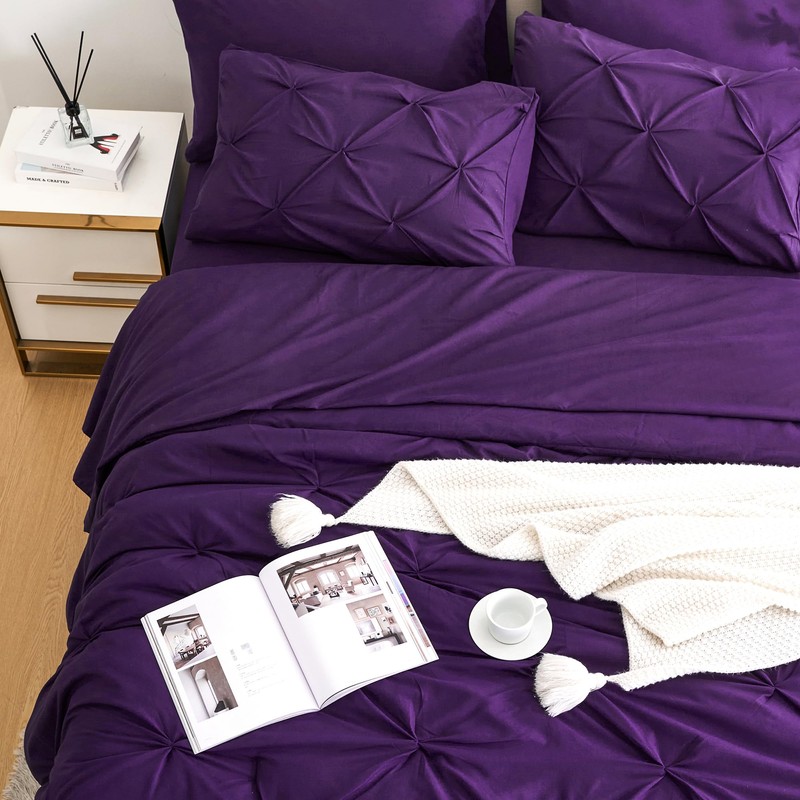 Ubauba 5pc Twin Size Comforter Set with Sheets, Purple Pintuck