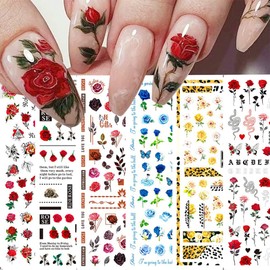 Flower Nail Stickers Rose Floral Nail Art Stickers Decals 6PCS Spring Blue Red Rose Butterfly Letter Design 3D Nails Adhesive Decals Transfer Slider Nail Supplies for Women DIY Nail Art Decorations