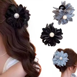 2pcs Medium Size Hair Claw Clips with Flower Beads Hair Jaw Clips Hair Accessories for Girls Women Daily Wearing Styling (Blue+Black)