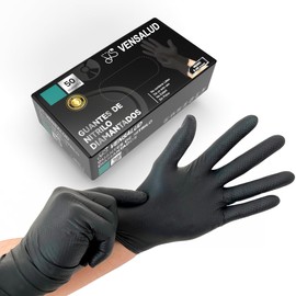 VENSALUD | Diamond Nitrile Gloves | Extra Strong and Resistant | For Mechanical Workshops, Gardening, Kitchen, Assembly, Veterinary, Cleaning | Latex Free | 50 units | Black | S