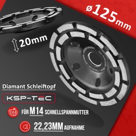 KSP-Tec Diamond Cup Wheel 125 mm Concrete Plain 125 mm x 22.2 mm Grinding Wheel Double Row (125 mm Grinding Wheel)