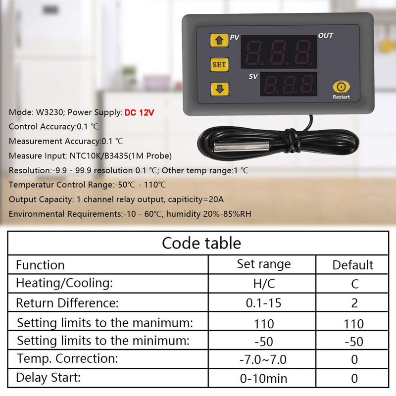 Greluma W3230 DC 12V Digital Temperature Controller, 20A LED Display,