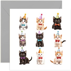 Cute Kittens Party Card - Happy Birthday Cat Themed Greeting Card - Sweet Cat Card for Child or Adult - Birthday, Celebrations, Party - Ideal for Cat Owner or Lover - Kittens in Party Hats Design