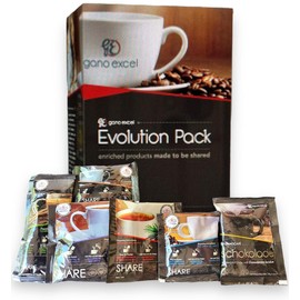 Evolution 2-Pack. Enjoy six of our Products Containing the Classic Flavor of Coffee, 3-1 Coffee, Mocha, Chocolate, Tonglat ali and Rooibos Tea. Each Pack Contains 6 Sachets Exclusive Gano Excel.