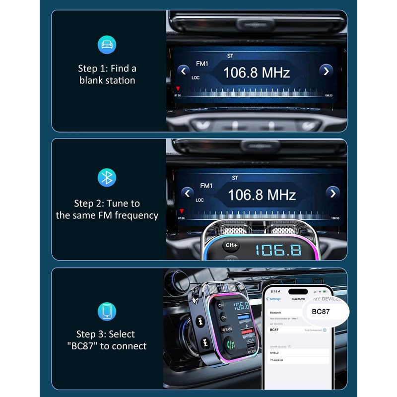 LENCENT Bluetooth 5.3 FM transmitter,PD 30W & QC3.0 Fast Charger