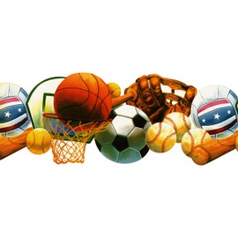 CONCORD WALLCOVERINGS ™ Wallpaper Border Sports Pattern Baseball Basketball Tennis Soccer Ball Basket Glove Bat for Kid's Bedroom Playroom, Brown Green Red Blue, 15 Feet by 9 Inches KZ1252B