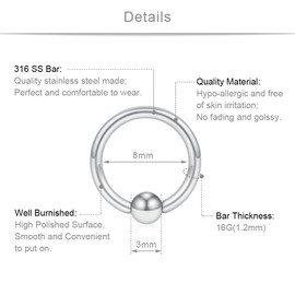 SCERRING 16G 8mm Captive Bead Piercing Ring Stainless Steel Nose Tragus Daith Helix Lip Eyebrow Hoop Rings 12PCS (Mix Color)