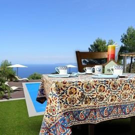 Sweet Us Vintage Paisley Floral Cotton Block Print Tablecloth and One Gray Napkin, Floral Kitchen Dining Table Cloth, Table Cover for Indoor and Outdoors, Tranquil Sand, 60 x 60 in