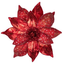 Briful 13.7'' Extra Large Magnolia Christmas Flowers Oversized Magnolia Artificial Flowers for Tree Decorations 3Pcs Faux Magnolia Christmas Stems with Glitter, Pearl Ornaments for Xmas Wreath,Red