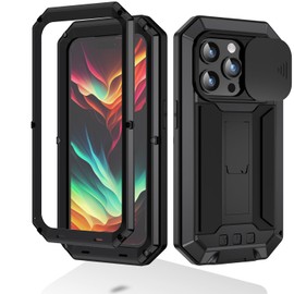 MIYIYQP Compatible With15 Pro Max 5G Case, Aluminum Metal Gorilla Glass Shockproof Heavy Duty Sturdy Protector Cover,with Sliding Camera Cover and Built-in Foldable Kickstand (Black-Ⅱ)