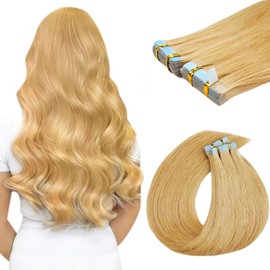 18 inch Tape in Hair Extensions Human Hair Invisible Straight Tape Hair Extensions for Women 20 Pcs/50g Seamless Skin Weft Real Hair Extensions Tape ins Human Hair #27 Strawberry Blonde