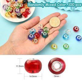 UR URLIFEHALL 100 Pcs Glass European Beads Rondelle Large Hole Charm Beads with Silver Brass Double Cores for Bracelet Jewellery Making (Random Mixed Colour)