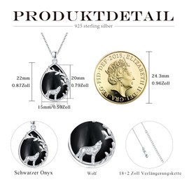 Wolf Necklace Sterling Silver Black Agate Chain Wolf Necklace Wolf Pendant Gifts Christmas for Women Teenager Girls, Sterling Silver