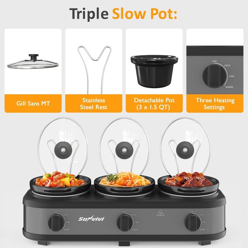 SUNVIVIPRO Triple Slow Cooker, Buffet Food Warmer with three 1.5-Quart