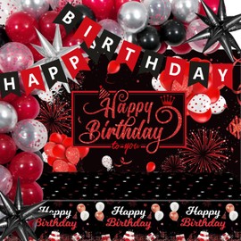 UgyDuky 71 Pcs Red and Black Birthday Decorations for Women Men with Happy Birthday Banner Photo Backdrop Star Foil Balloons Red Black and Silver Balloons Tablecloth for Birthday Party Decorations