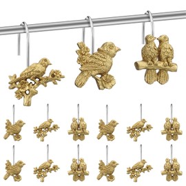 Amyhill 12 Pcs Bird Shower Curtain Hooks Antique Gold Birds Animal Decorative Hooks Rings Bulk Cute Hanger Stainless Steel Resin Nature Spring Themed Curtain Rings for Bathroom Bedroom Home Decor
