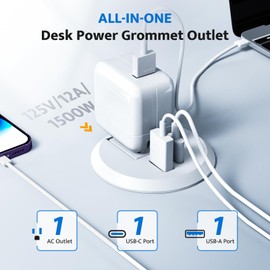 Recessed Power Grommet with 20W USB C Fast Charging, 2 inch Conference Recessed Outlet,Flush Mount for Desk,Office Tables,Furniture,6FT Cord, 45° Thin Flat Plug, White
