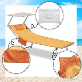 Deluxe Microfibre Beach Towel with Side Pockets and Inflatable Pillow, Microfibre Towel with Hooks for Maximum Relaxation, Beach Towel 190 x 70 cm (02-Orange)
