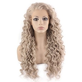 Mxangel Long Heat Resistant Synthetic Hair Celebrity Silver Gray Stylish Curly Lace Front Wig