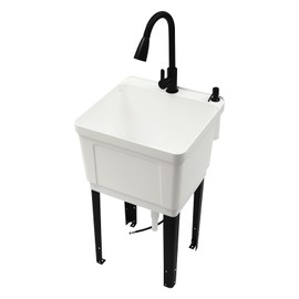 Plastic Laundry Sink with Faucet Home and Commercial Wash Basin Station Freestanding Utility Sink for Cleaning Clothes Pots Pans Foods, 19.7x18.9x33.1 in (White)