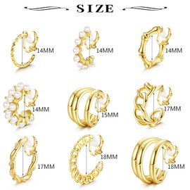 Kakonia 9 Pairs 14K Gold Clip On Earrings for Women Fashion Clip On Hoop Earrings Chunky Gold Hoop Earrings No Piercing Fake Earrings Set
