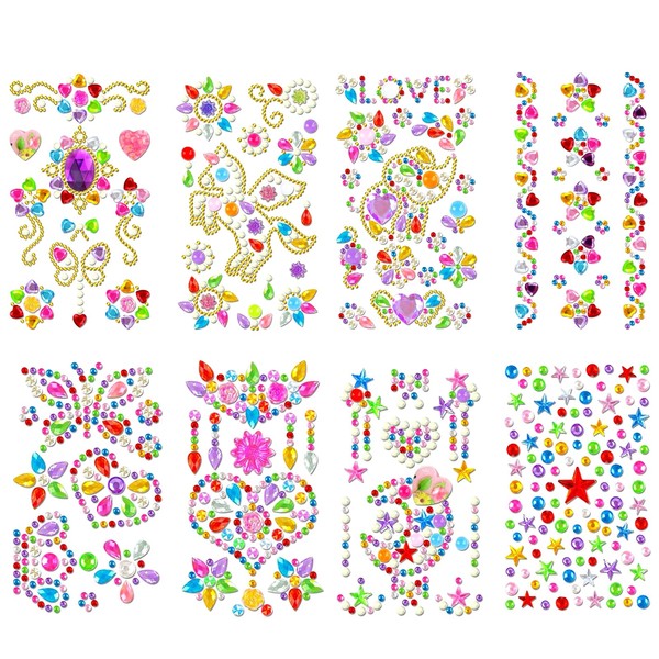 Glitzersteine Selbstklebend, 8 Blätter Strasssteine Selbstklebend bunte Bling Jewel Sticker