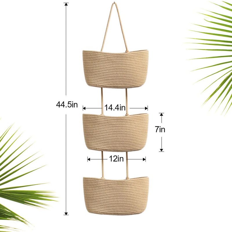 TeoKJ Over the Door Hanging Basket, 3-Tier Woven Cotton Wall-Mounted